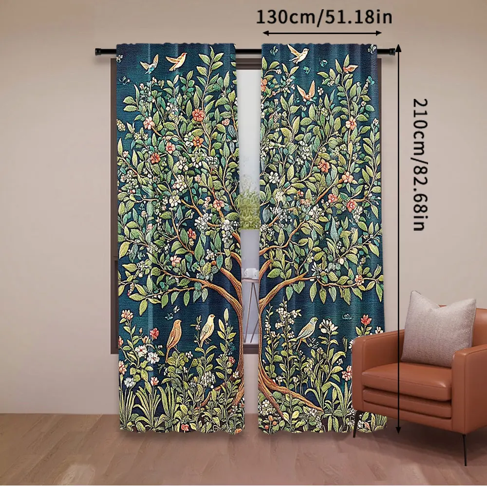 2Pcs Boho William Morris Curtain Vintage Tree Of Life Art Style Tree With Flowers Curtain Suitable For Bedroom Living Room