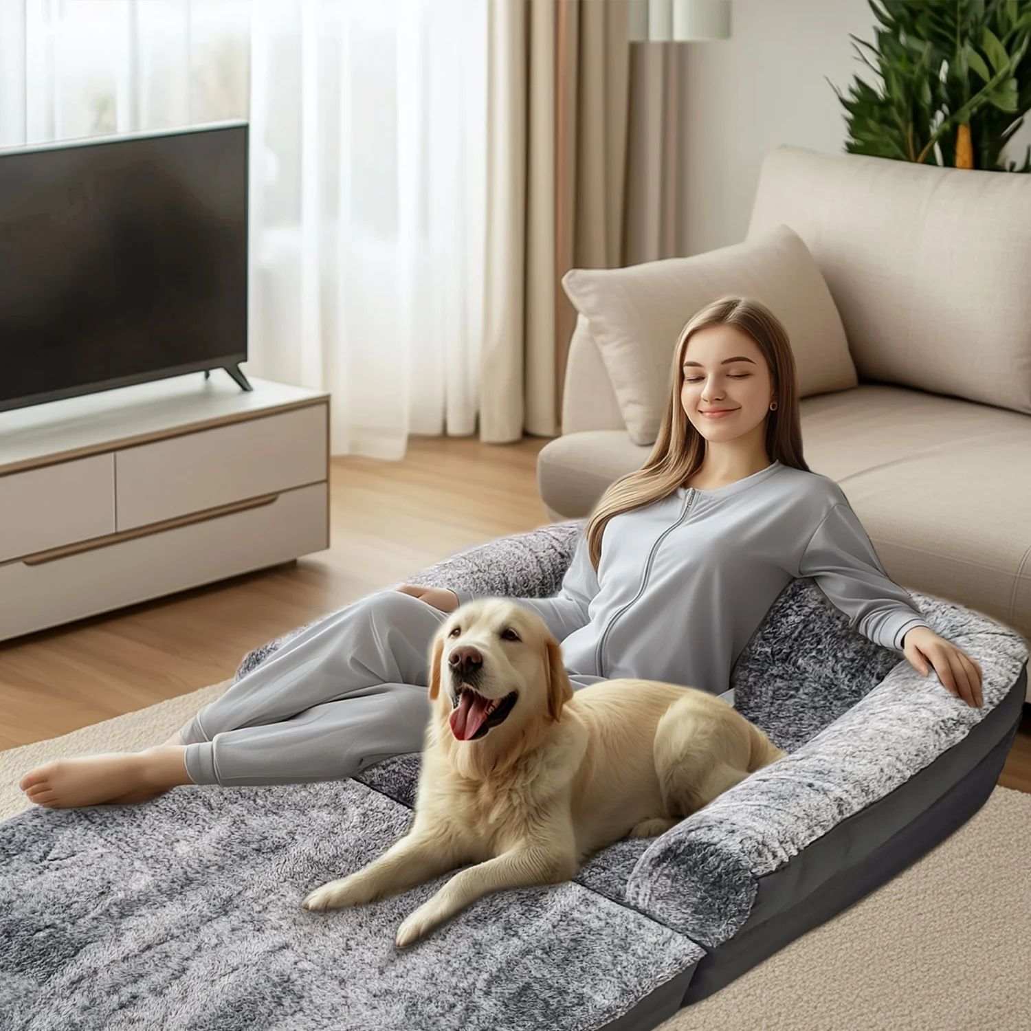 Il letto per cani umani lungo 180 cm si adatta per adulti e animali domestici Fodera per cuscino in peluche pieghevole per letto ortopedico per animali domestici con cuscino