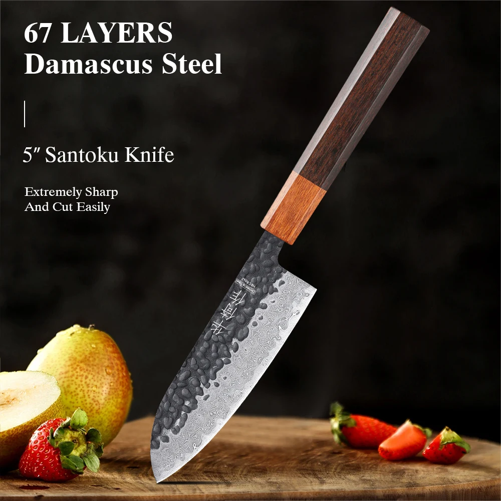 5-inch Japanese Hand Forged Santoku Knife Damascus Steel Professional Chef Knives Kitchen Utility Sharp Cleaver Cooking Tools
