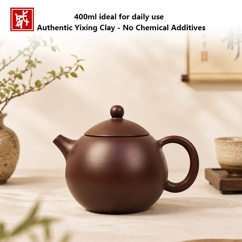 400ml Handcrafted Yixing Purple Clay Teapot Authentic Zisha Kettle for Puer Oolong Black Tea Large Capacity Gathering Teapot for
