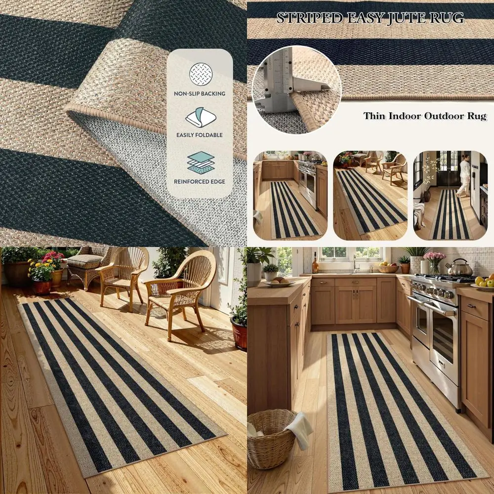 

Elegant Jute Kitchen Runner, 2x8 Washable Rug for Hallway Entryway, Non Slip Non Shedding Black Indoor Outdoor Carpet for Entry