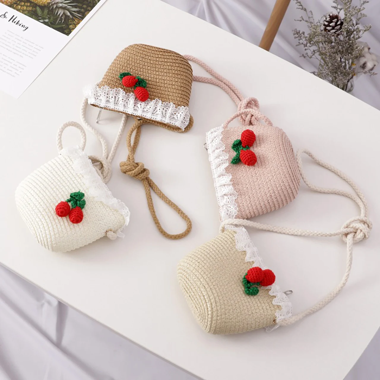 White Lace Ruffle Handwoven Straw Bag Red Cherries Shoulder Bags Small Crossbody Bags for Travel Beach Handbags Children Wallets