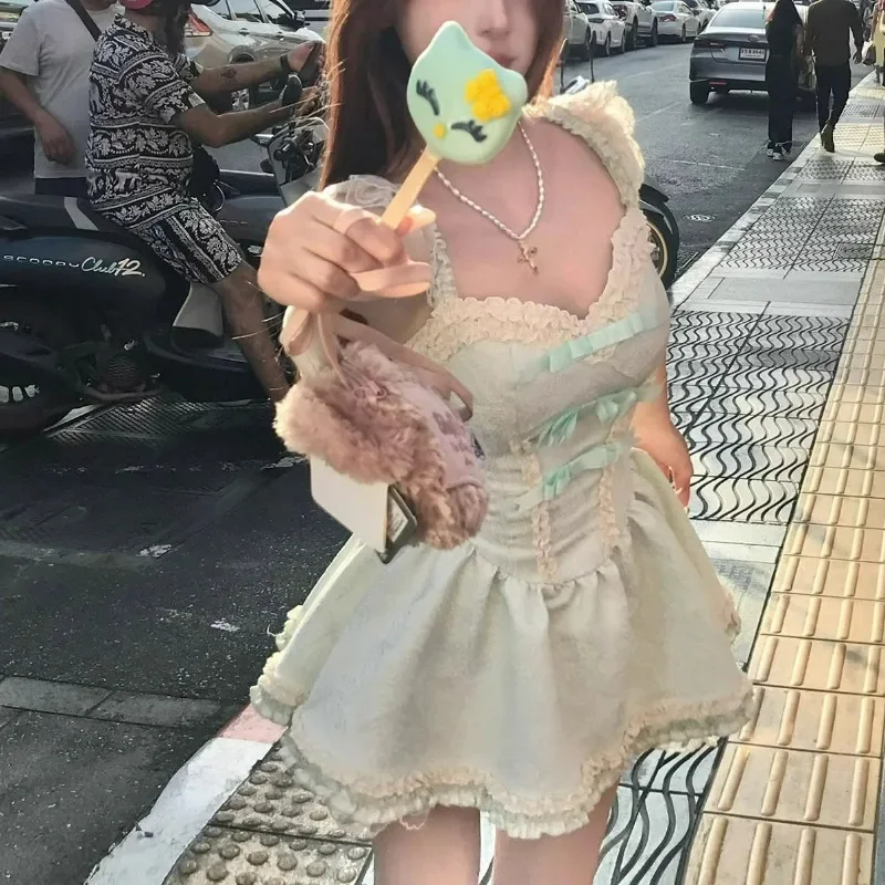 Letnia Zielona Koronkowa Sukienka na Ramiączkach Damska Szyfonowa Codzienna Sukienka Mini na Imprezę Damska Codzienna Sukienka Modna Wyszukana Wyszczuplająca Sukienka Nowość 2025