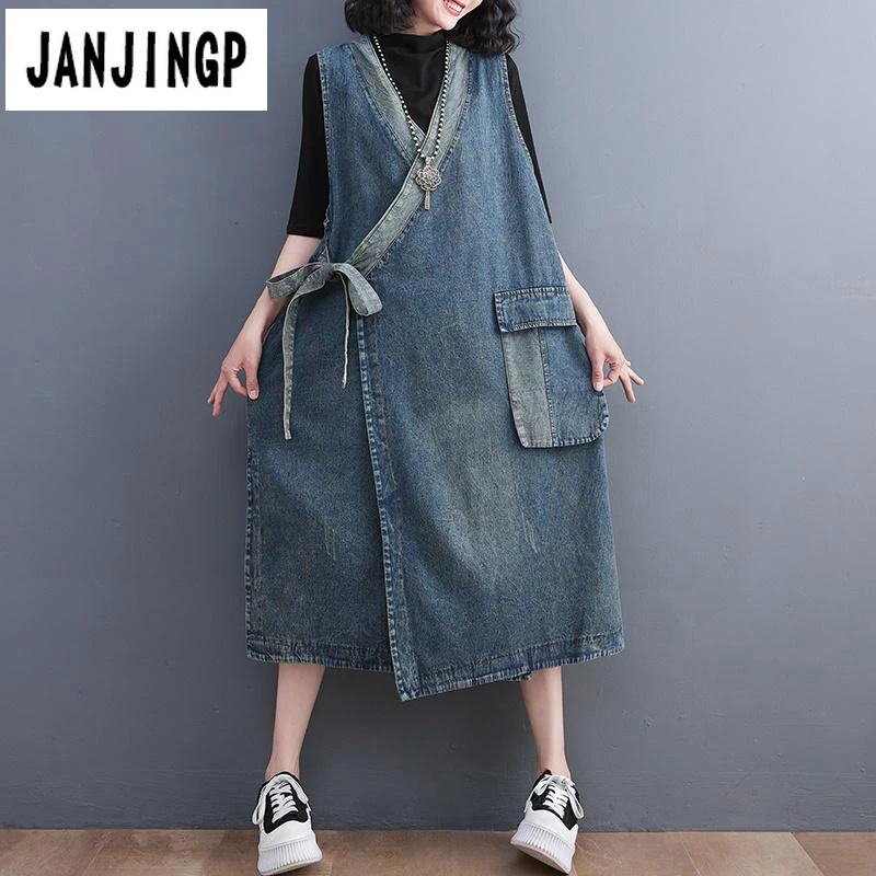 

Summer Fashion Sleeveless Women Elegant Lady Long Vest Belt Dress Loose Clothing Blue Oversize Denim Dress