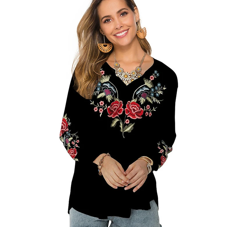 TEELYNN Cotton Floral Embroidery Shirts for Women Tops Vintage Loose Spring/Autumn Bohemia Blouses Long Sleeve V-neck Blouse