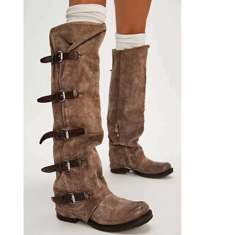 Green Multi Buckle Strap Low Heel Slouchy Knee High Boots Woman Winter 2026 Western Cowboy Boots Gothic Style Casual Long Boots