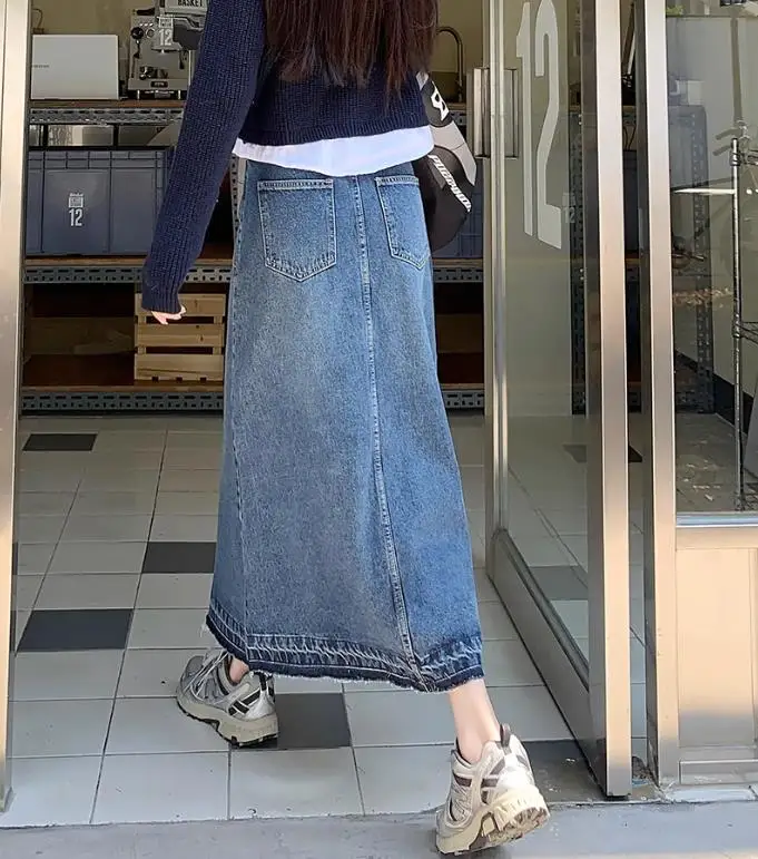 New Ball Grown Long Denim Skirt 2023 korean style High Waist A Line Midi Skirts Vintage Women Long Jeans Faldas