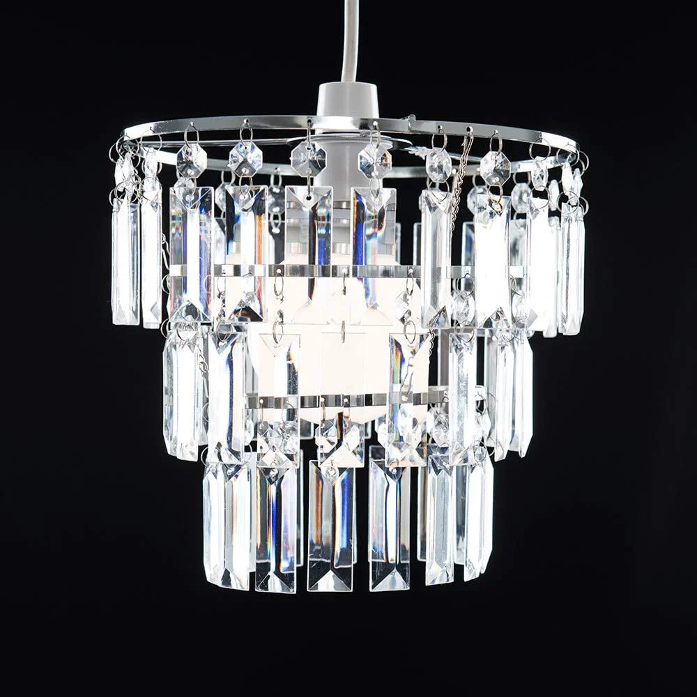 3 Tiers Clear Beaded Chandelier, Modern Chrome Chandelier Ceiling Pendant Light Shade with Acrylic Droplets (Without Cord Kit)