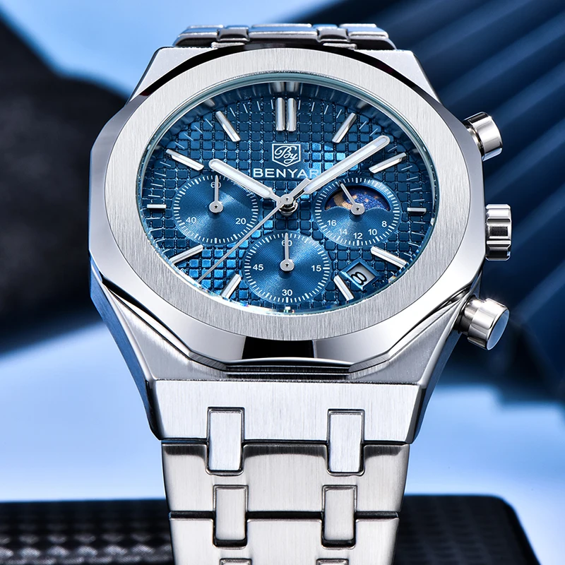 BENYAR Top Brand Men's Quartz Wristwatch 42mm Large Dial PE905 Movement Waterproof Luminous Chronometer Reloj Hombre
