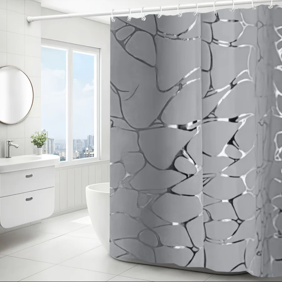 Cortina de chuveiro com padrão abstrato moderno, decoração de banheiro à prova d'água, design cinza e preto, acessórios de banho de luxo