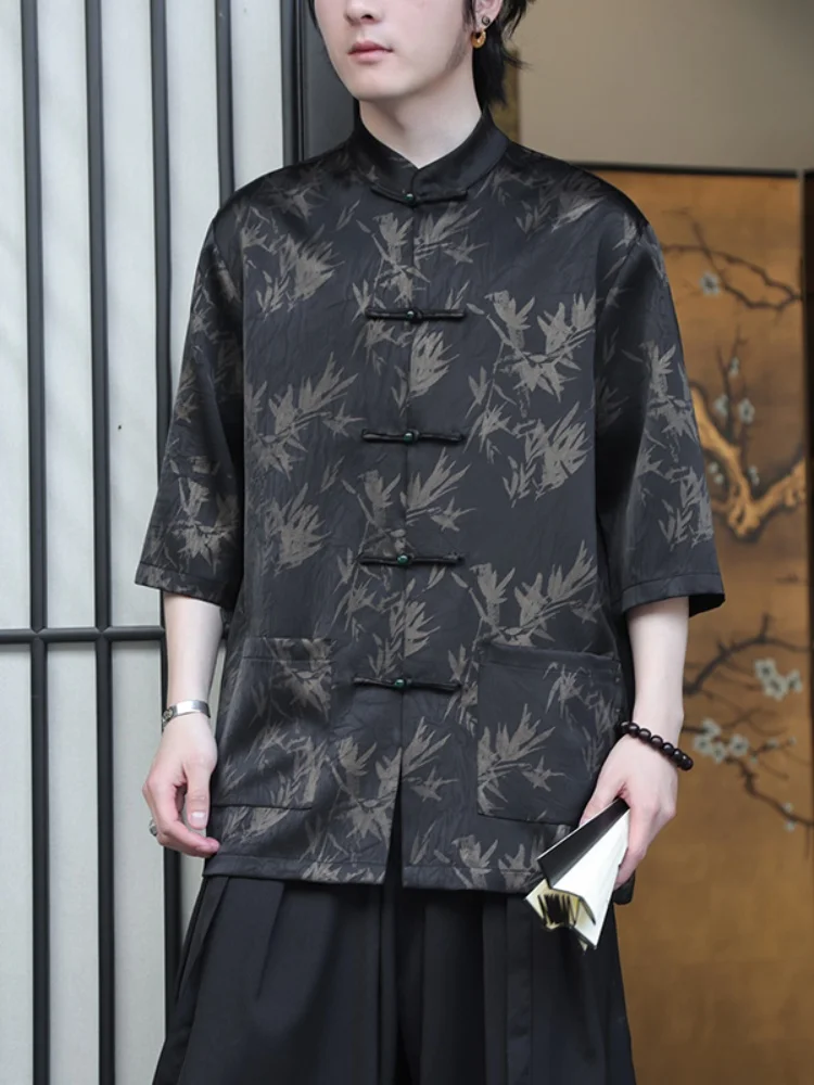 

Новая китайская рубашка из ледяного шелка с коротким рукавом для мужчин, на пуговицах, свободного кроя, летняя, дышащая, модная, традиционная, в стиле Ханьфу