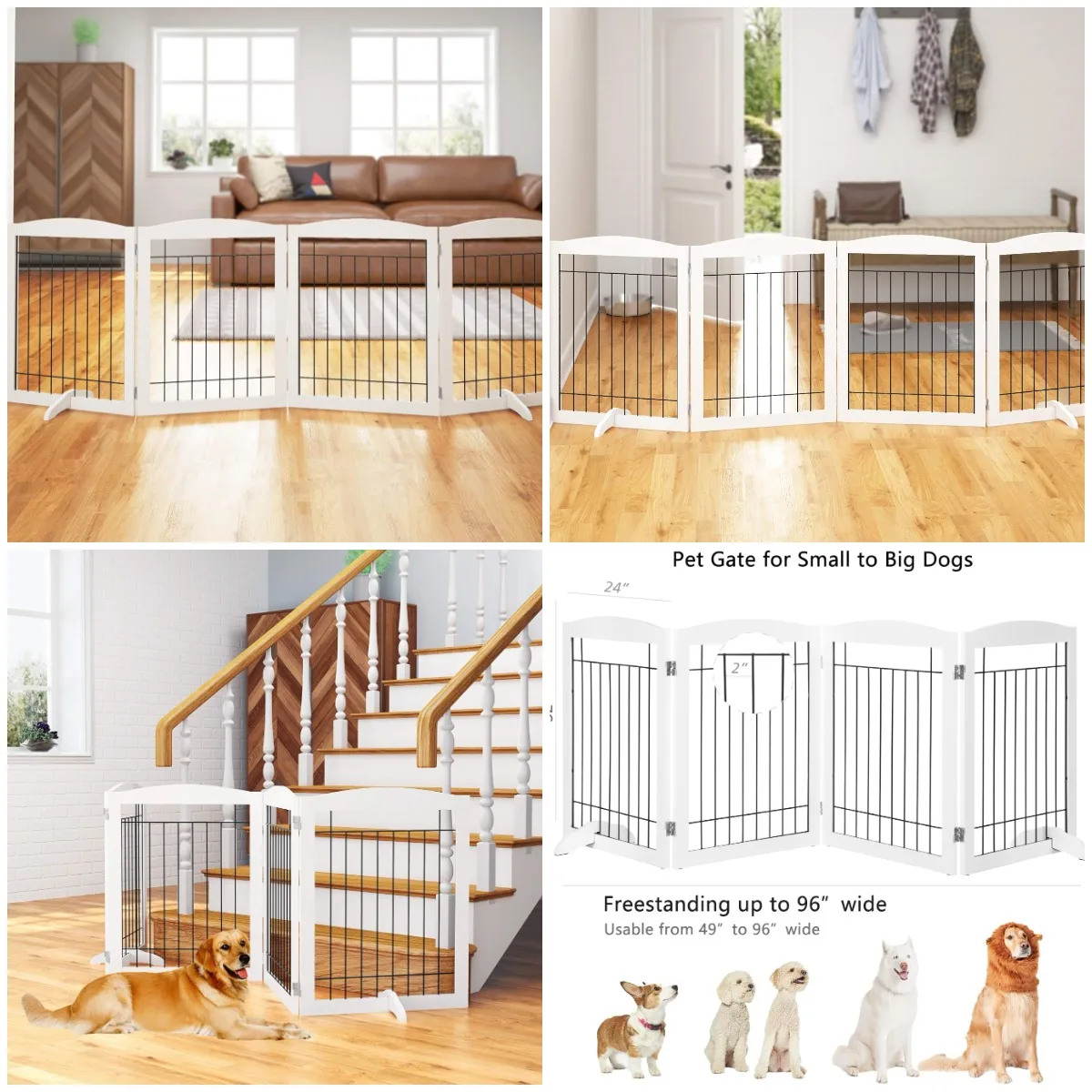 

Extra Wide Wooden Dog Gate, 96in x 30in, Freestanding Foldable Indoor Pet Gate with Support Feet, White