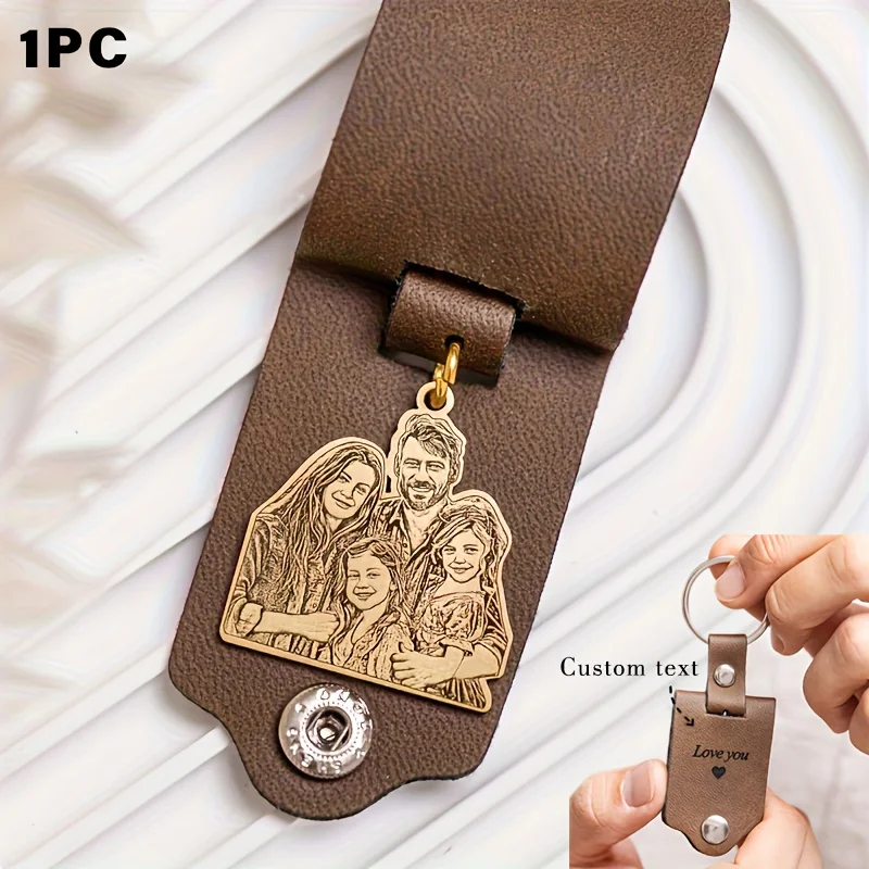 Custom PU Leather Family Photo Keychain Engraved Name Date Gift For Father Couple Valentine Christmas - view 5