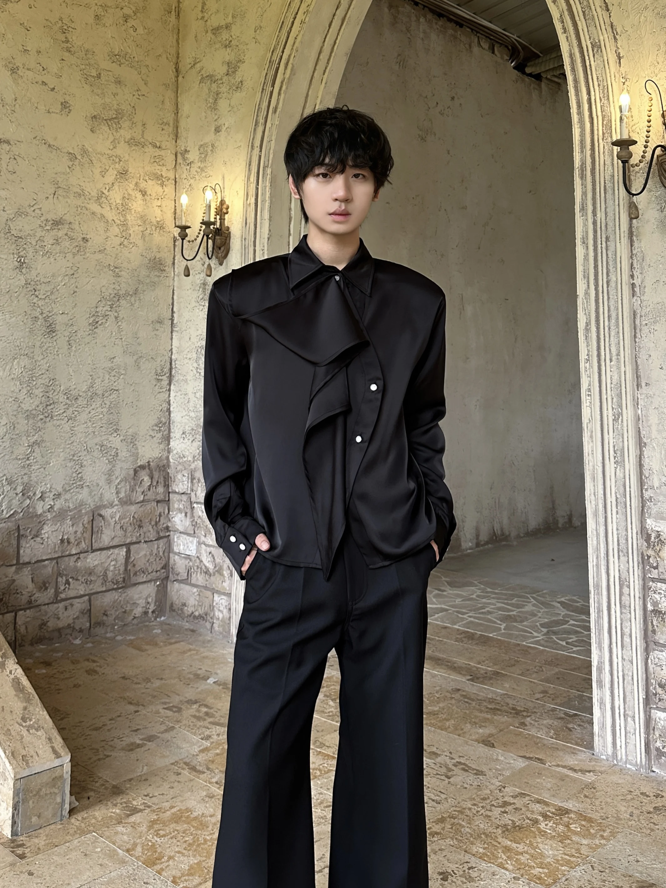 Elegant Men's Shirt with Sash Draping Collar Versatile Wearing Methods MARTHENAUT Versailles Sequence Polyester Long Sleeve