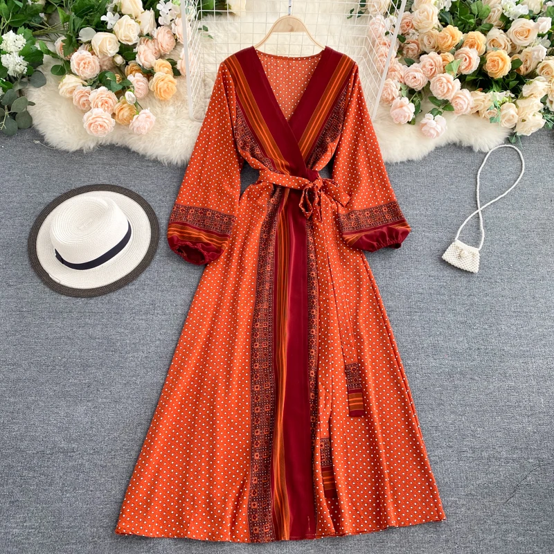 Nadruk w stylu Vintage elegancka z bufkami rękaw jednoczęściowy strój A-line sznurowane wakacje na plaży Midi sukienka kobiety moda wiosna jesień Vestidos