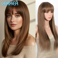 Pelucas de cabello humano 100% liso y largo de color marrón Lekker con flequillo para mujeres, cabello brasileño Remy, pelucas sin pegamento hechas a máquina para uso diario