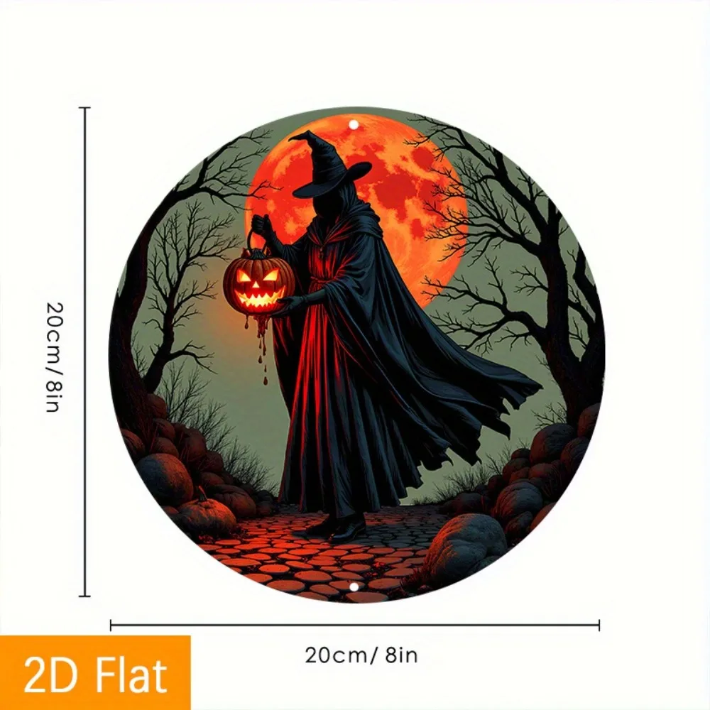 Halloween Grim Reaper with Jack O' Lantern Metal Tin Sign, Retro Red Moon Spooky Round Wall Art Decor, Vintage Horror Pumpkin Ti