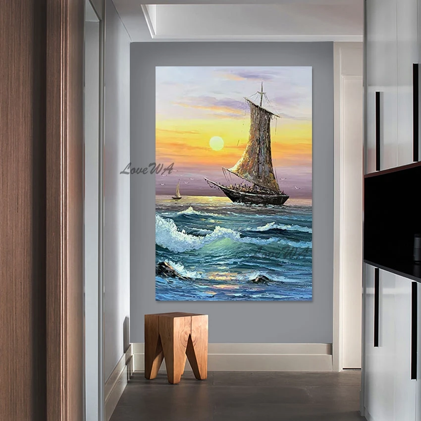 Sea Wave Oil Painting, Art Abstract Beautiful Landscape 3D Picture, No Framed, Sailboat Hand Drawing Wall, Canvas Roll Artwork