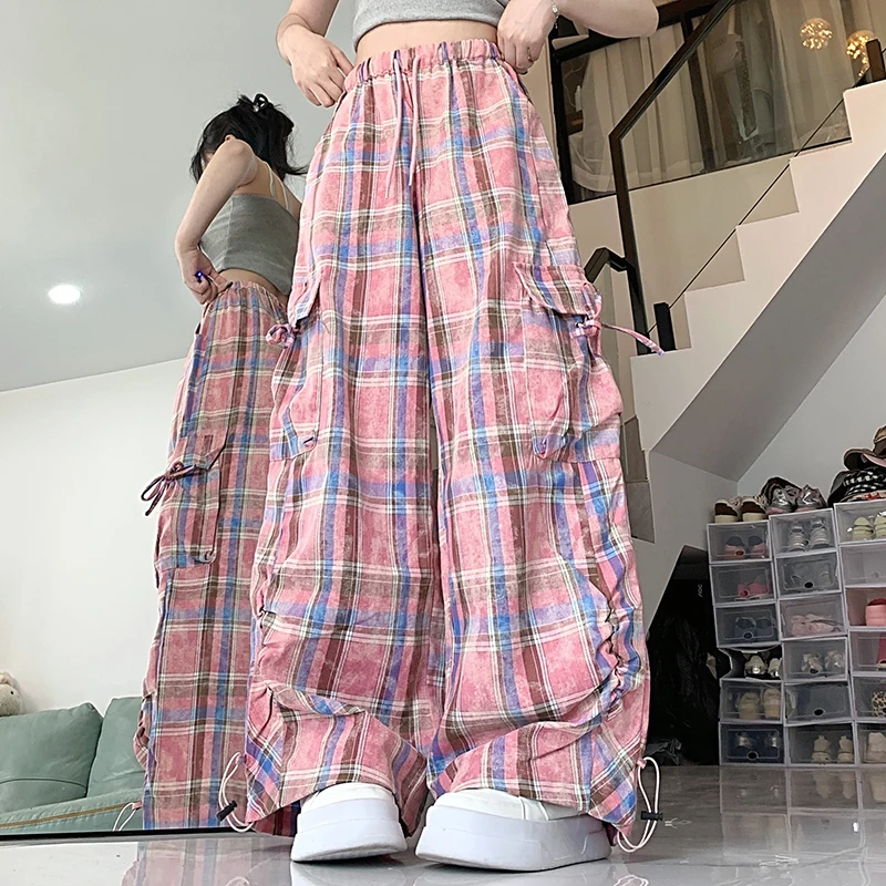 

Women's Pink Blue Plaid Drawstring Elastic Waist Two Pocket Casual Pants 2000s Aesthetic American Retro Cargo Pants Trend Pants
