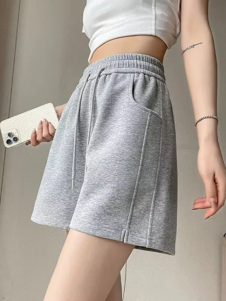 Grey Sports Shorts Women Summer Loose Casual Home Wide Leg High Waist Slimming Outdoor Cotton Three-quarter Length Running Pants