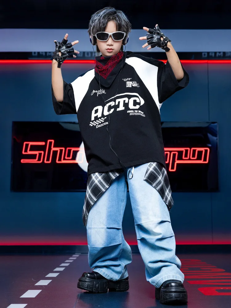 Girl Hip Hop Clothing White Tops Black T-shirt Blue Jeans Pants for Jazz Dance Kid Costume Clothes