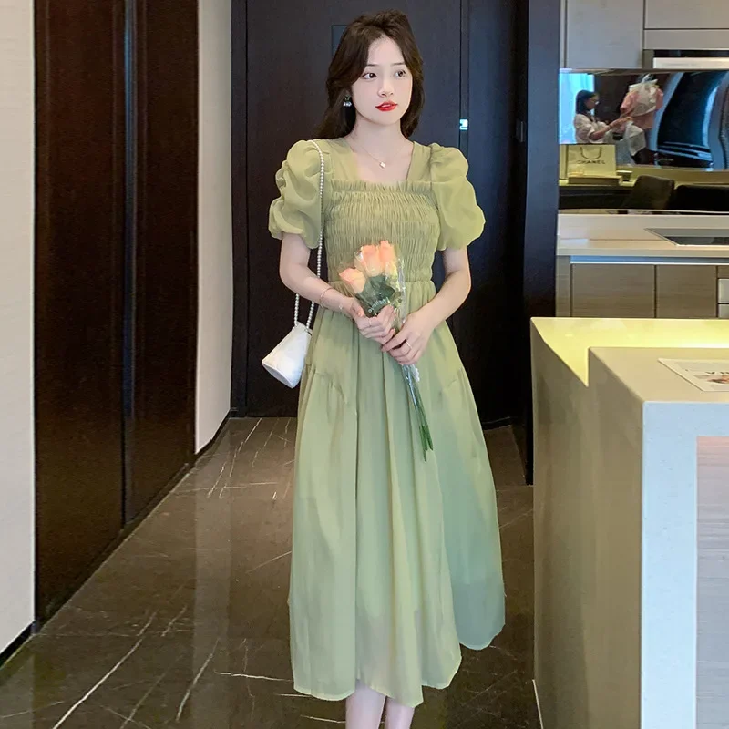 Puff Sleeve Chiffon Dress Women's Summer 2024 New Style Small French Solid Color Long Skirt Vestidos De Mujer Drop Shipping