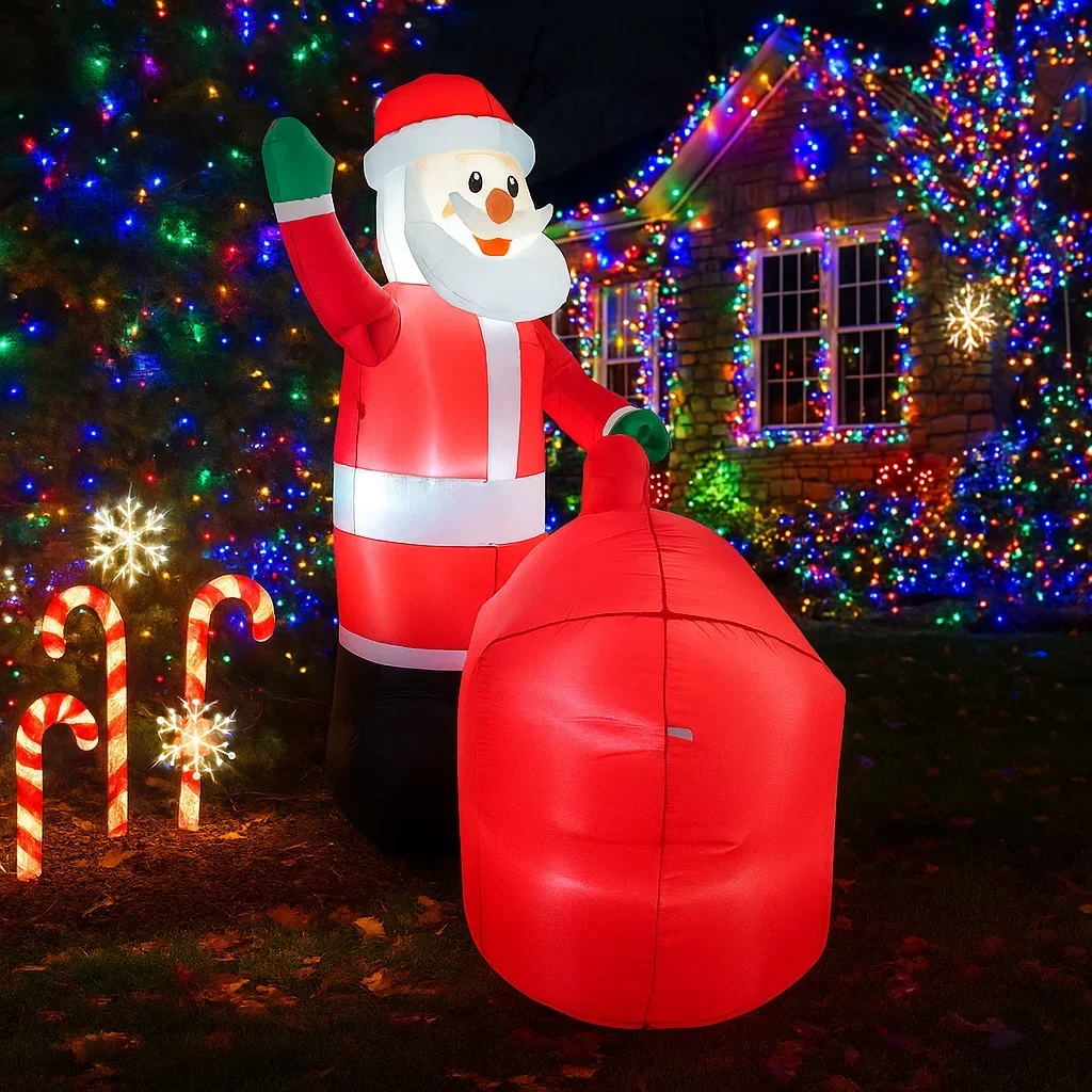 6피트 크리스마스 장식품, 선물 가방에 산타클로스가 들어있는 풍선 장식품, LED 장식이 있는 집 마당 장식품, 크리스마스 야외 장식 장난감