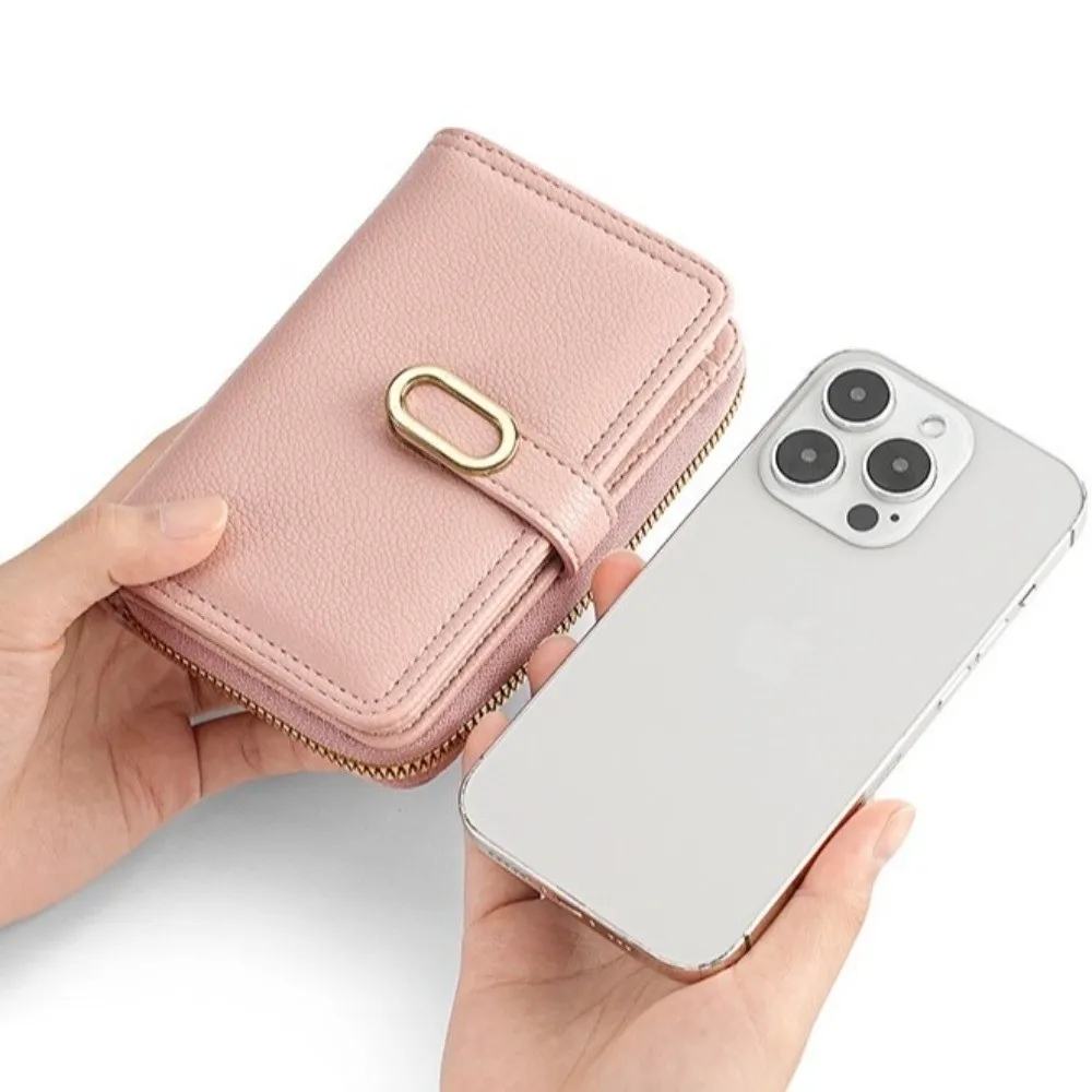 

Portable Large Capacity Women's Wallet PU Leather Solid Color Short Wallet Zipper Card Holders Women