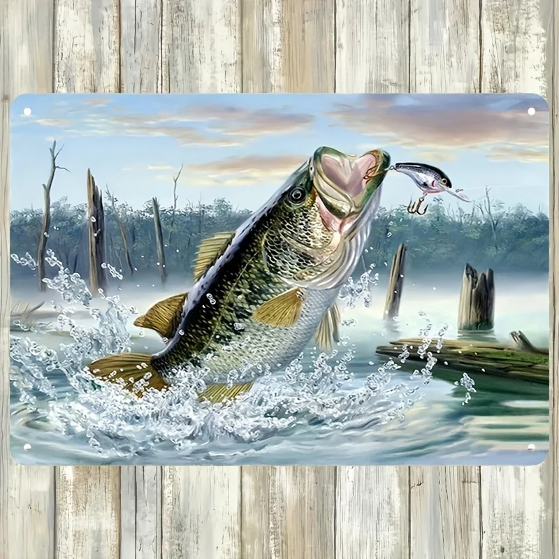 Vintage Fishing Decor Metal Tin Box Sign - Large Mouth Bass Leap Action, Heavy-Duty Indoor/Outdoor Decoration for Man Cave, B
