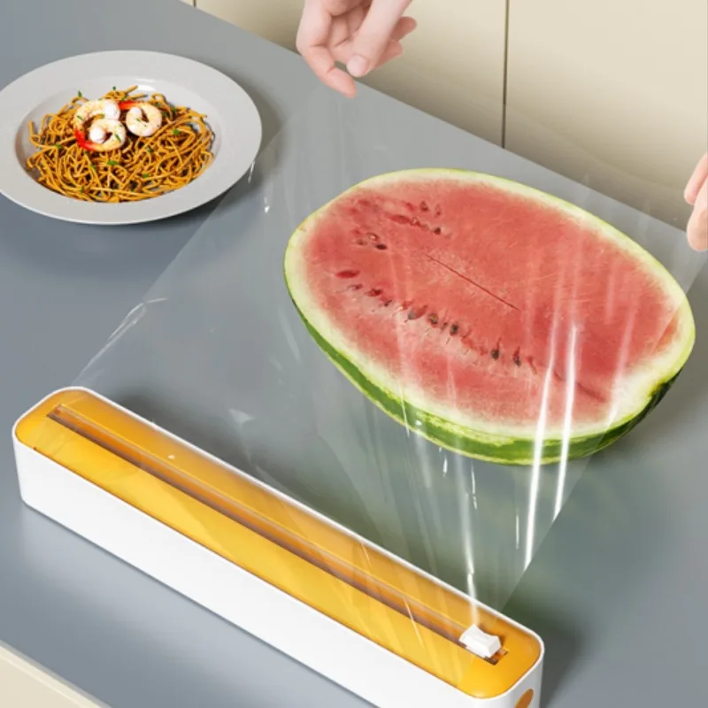 1pc Kitchen Wrap Cutter,  Sliding Blade Cutting Box, Wall-Mounted with Suction Cup, Suitable for Home and Commercial Use