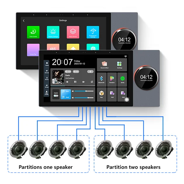 2025 New 7 Inch Touch Screen Smart Control Panel Tuya Zigbee Gateway Can Connect With 8 Ceiling Wired Speakers And 2 Zones Music