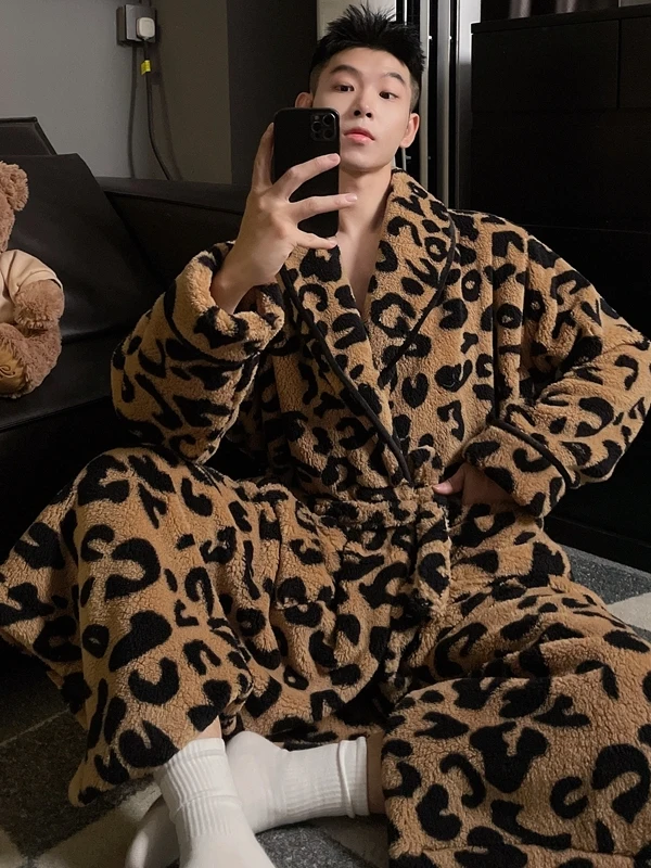 plus Size 300 Pounds Men's Leopard Print Sleep Robe Thickened Coral Fleece Pajamas Couples Hotel Bathrobe Luxury Home Clothes