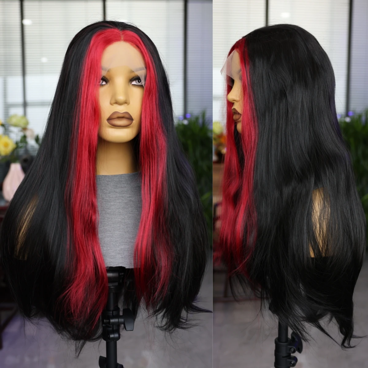 Aiva Synthetic Lace Wig Soft Pre-dial Black Red Wig For Women 26 Inch Straight Lace Front Wig Synthetic Daily Wear Cosplay Wig