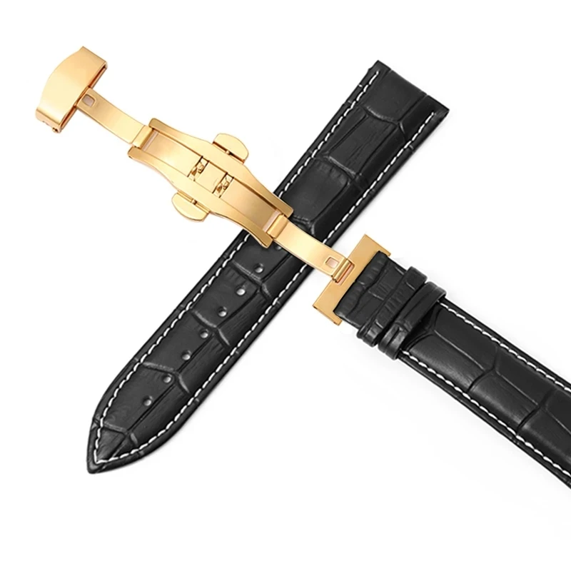 Watch Strap 18mm 20mm 22mm Universal Watch Accessories Cowhide Bracelet Gold Rose Gold Stainless Steel Butterfly Buckle