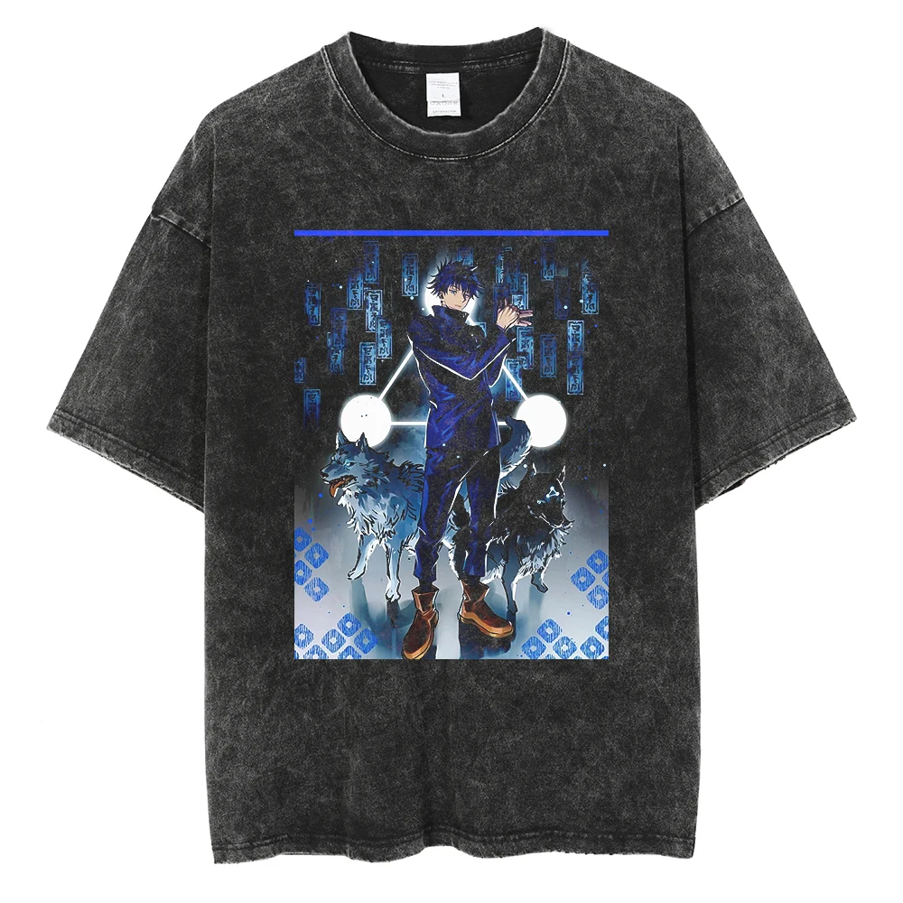 

Anime Jujutsu Kaisen Fushiguro Megumi Print Tee Men Women Vintage Washed T-shirts Casual Cotton Tshirt Harajuku Male T Shirt
