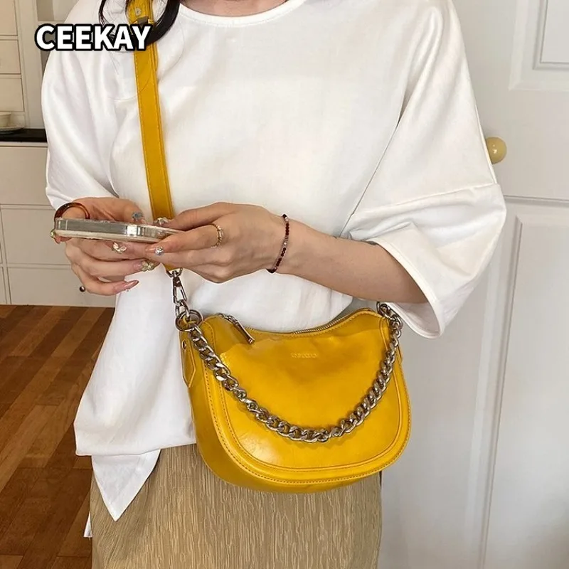 CEEKAY Glossy Soft Crescent Hobo Faux Leather Bag Metal Chain Decor Light Portable Crossbody Purse for Coffee Trips Feminine