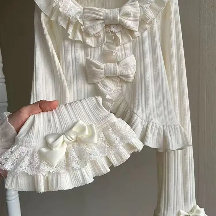 Women Lolita Cropped Cover-Up, Ruffled Puff Sleeve Cardigan with Tie Details, Female Kawaii Japanese Style Short Bolero Jacket