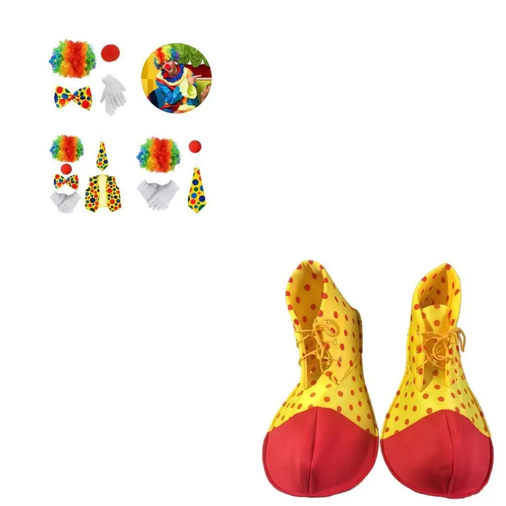 

652F костюм клоуна для взрослых для вечеринок на Хэллоуин в комплекте с радужным париком, перчатками в носу, галстуком-бабочкой,