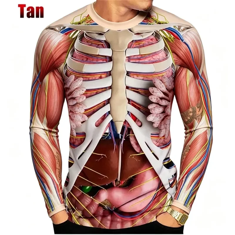 3D Long Sleeve Men's T-Shirt Human Anatomy Organ Skeleton Print Crew Neck 2026 Casual Tops Halloween Party Streetwear Fashion