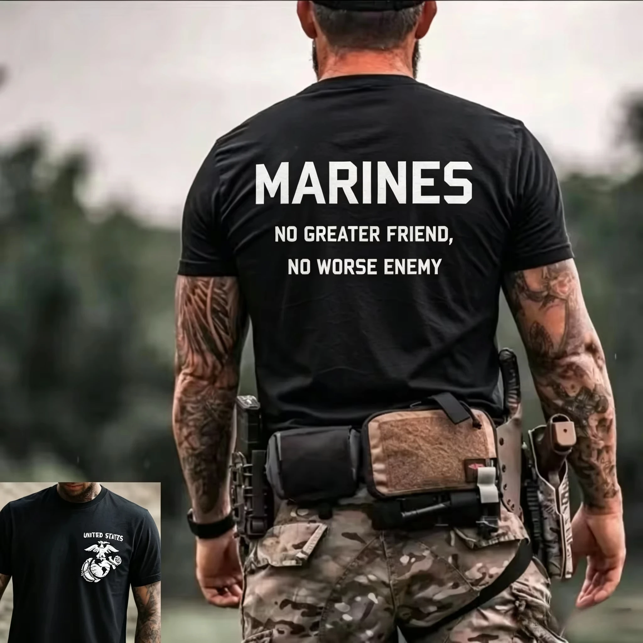 2026 New MARINES Family Matching Unisex Oversized T Shirt Tactical Style Double Sided Graphic Streetwear Loose Cotton Tee