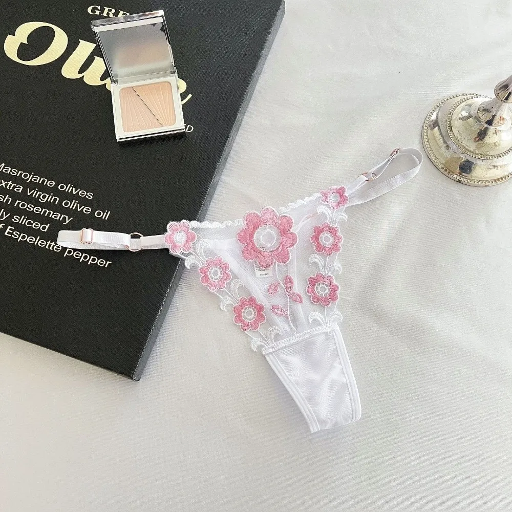 

Low Waist Embroidery Floral Panties Colorful Flowers Mesh Hollow Underwear for Women Transparent Adjustable