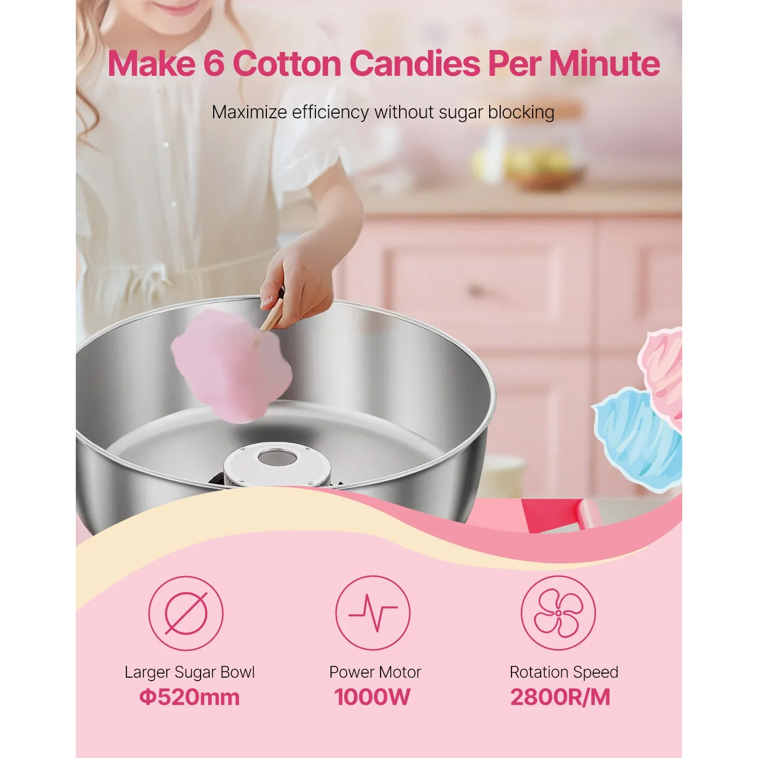 Commercial Cotton Candy Machine with Cart 1000W Candy Floss Maker with 20.5 inch Stainless Steel Bowl for Party Business