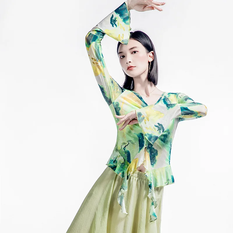 MadBlack-Women's European T-Shirt, Sexy V Neck Print Ruffles, Retro Flying Sleeve Dance Yoga Slim Mesh Tee, 2025 Spring T53823CC