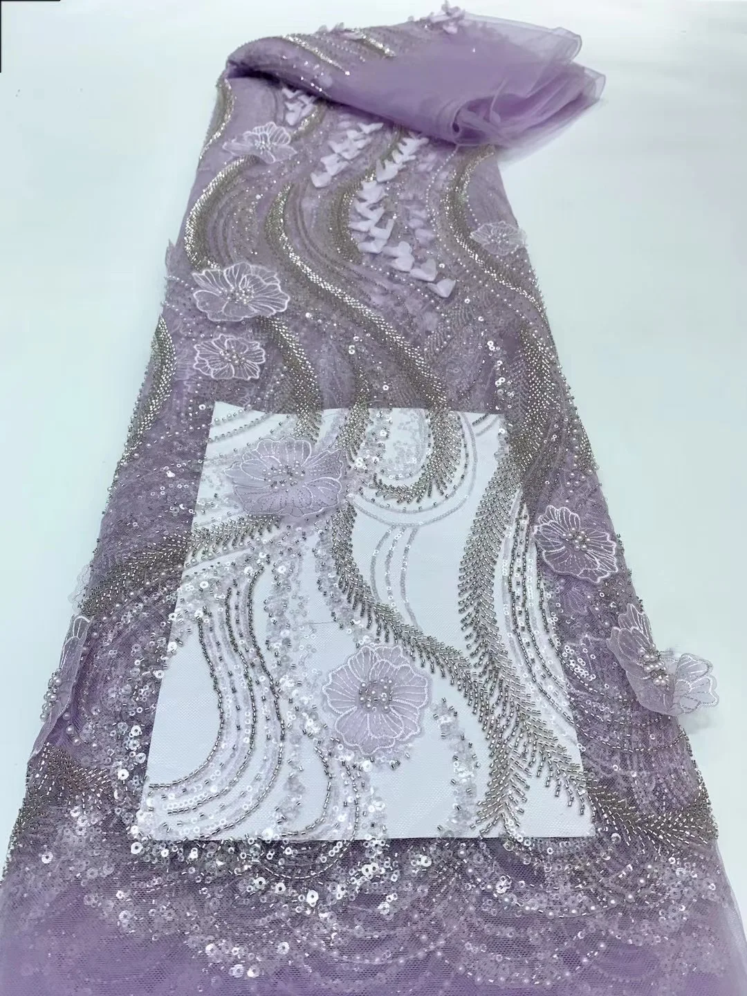 

African Heavy Beaded Lace Fabric 2024 High Quality 5 Yards Nigerian Sequins Tulle 3D Fabric Material For Wedding