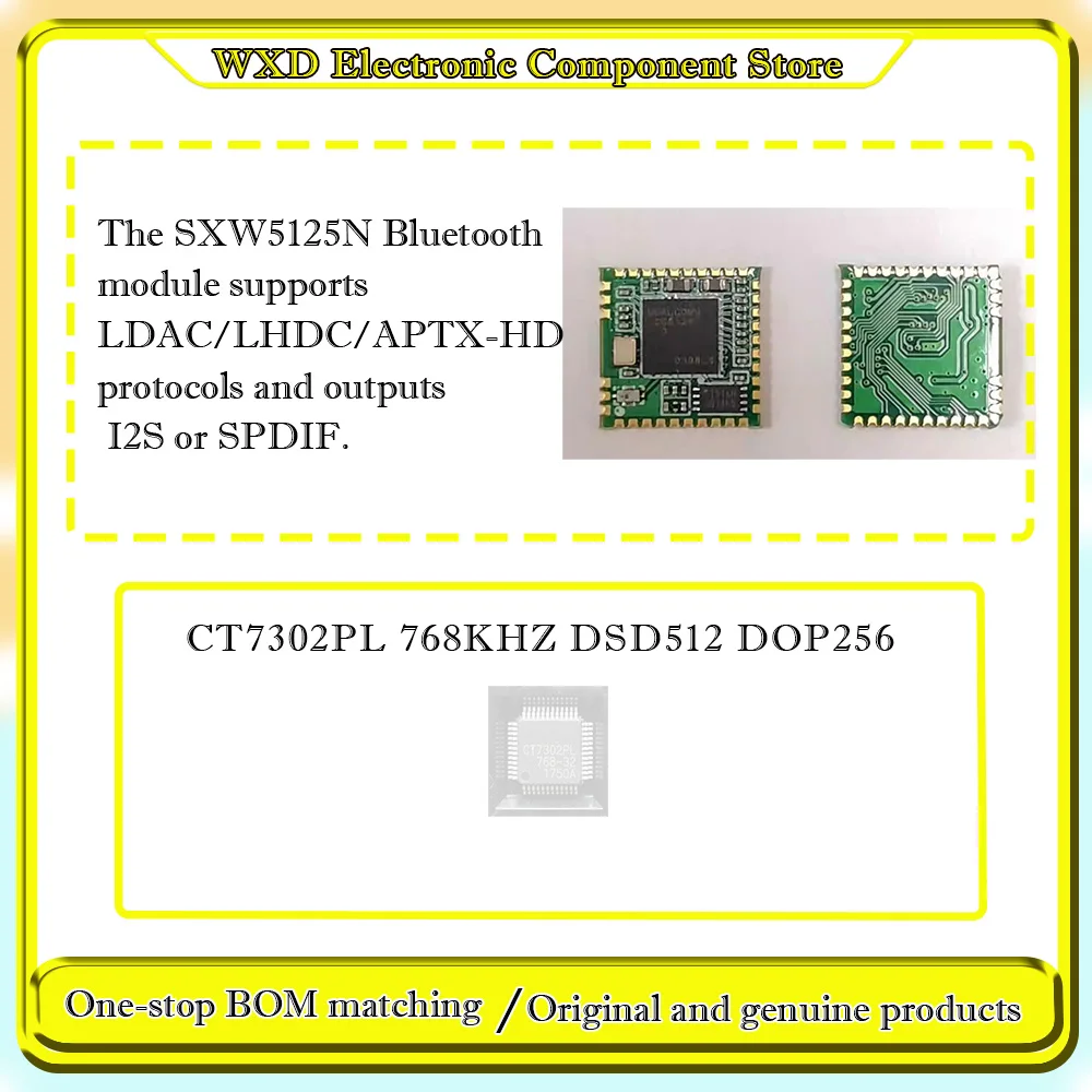 

CT7302PL 768KHZ DSD512 The SXW5125N Bluetooth module supports LDAC/LHDC/APTX-HD protocols and outputs I2S or SPDIF.