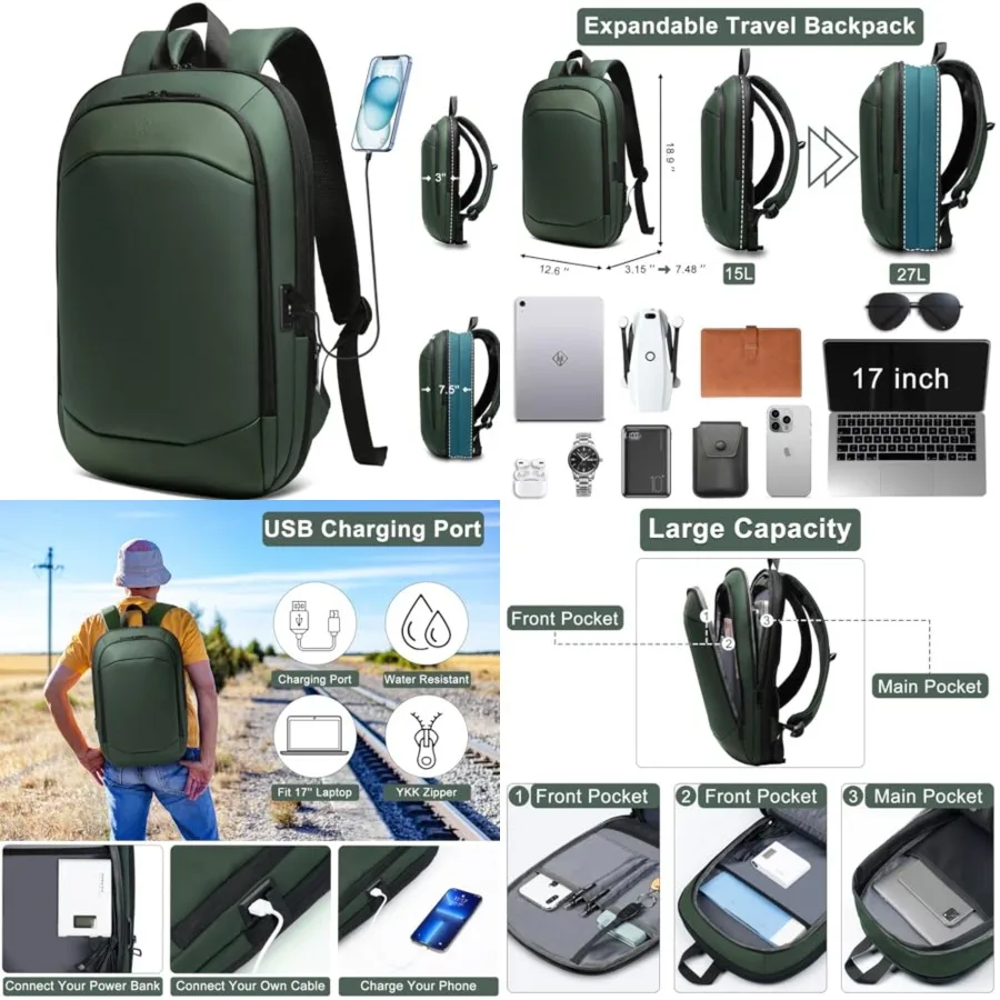 

Business Backpack Slim Expandable Waterproof Travel Laptop Backpacks with USB Charger Port Anti-Theft Lightweight Large Work Co