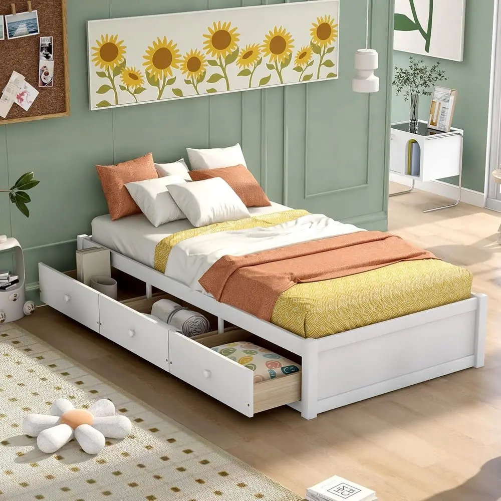 

Twin Size Platform Storage Bed with 3 Drawers, Classic Design, No Box Spring Required, White