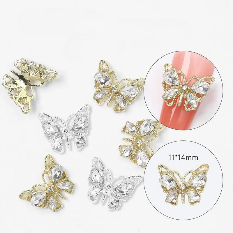 Nuevos accesorios para uñas de mariposa, piedras preciosas de diamante con incrustaciones de Metal, purpurina hecha a mano, juego de aleación de circón de imitación, polvos acrílicos