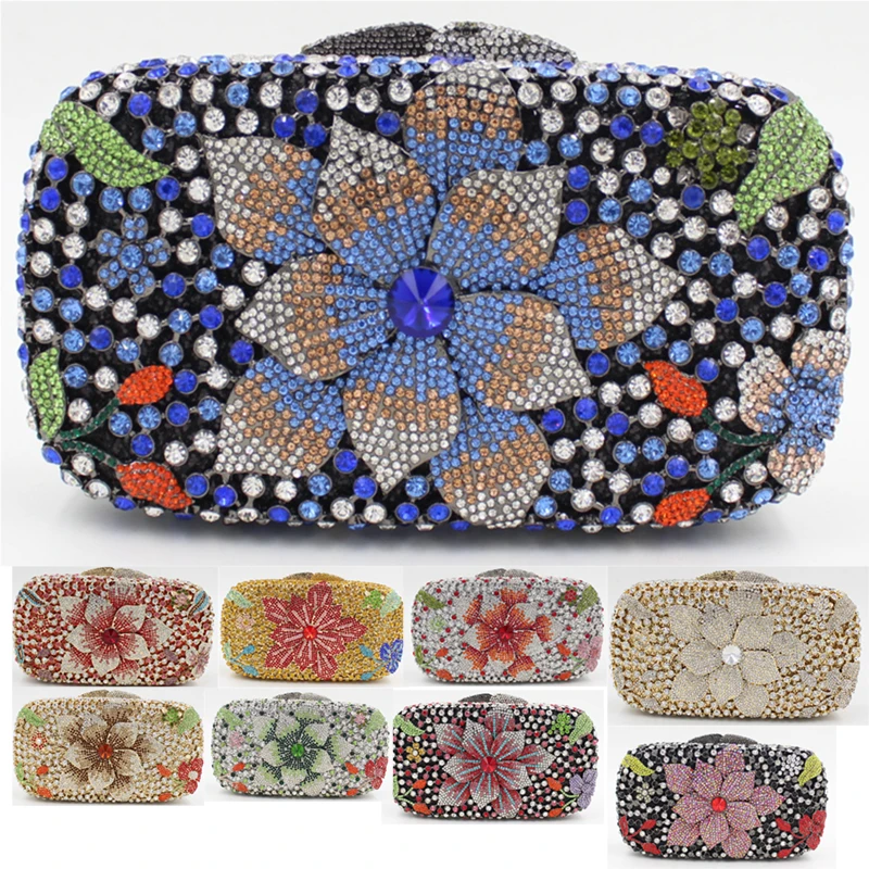 

10 Colors Floral Diamond Handbag Women Rhinestone Evening Bag Lady Crystal Wedding Flower Bridal Purses Party Dinner Clutches