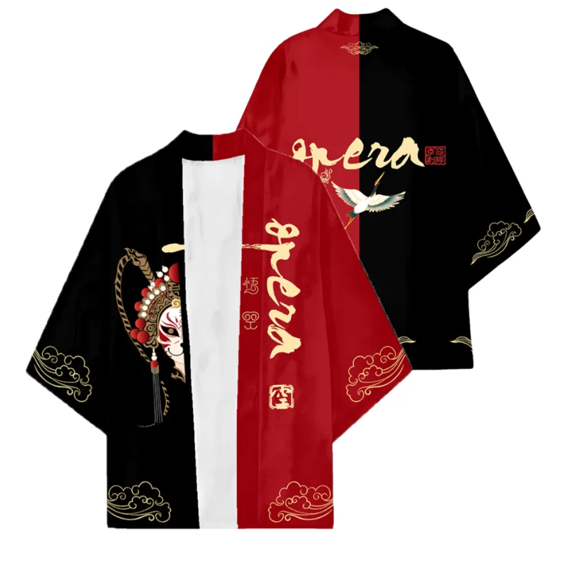 Men's Peking Opera Theme Color Block Japanese Kimono Cloak Red Black Clouds Mask Printed Traditional Yukata Haori Coat Costume